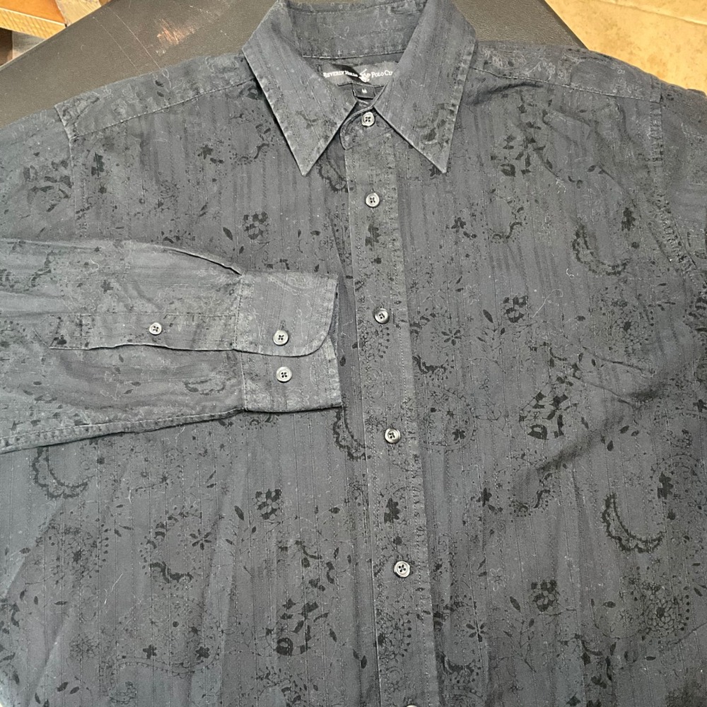Beverly Hills Polo Club Mens Black Paisley‎ Jacquard Button Down Shirt Sz Medium